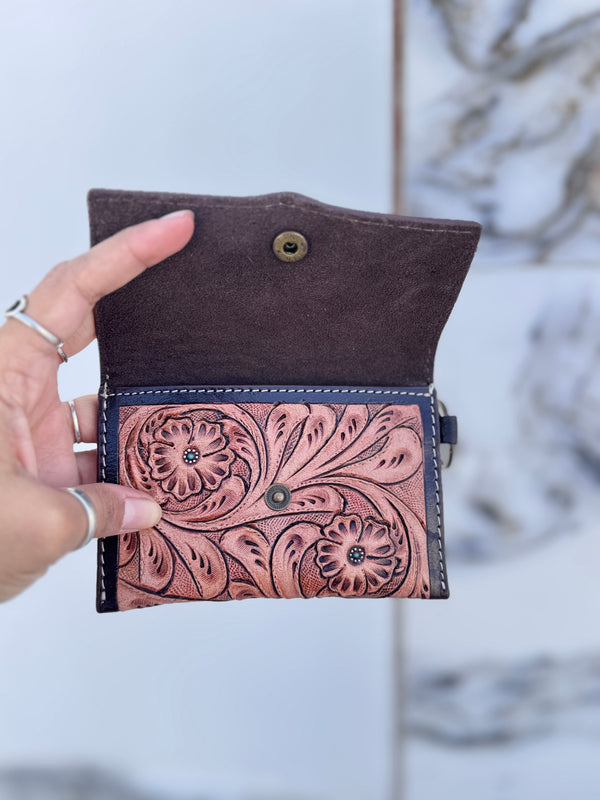 Hand Tooled Carving Coin Purse Western Leather Small Size Wallet for Unisex