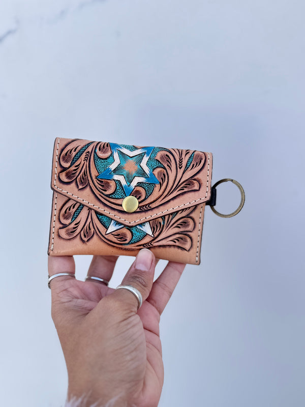 Hand Tooled Carving Coin Purse Western Leather Small Size Coin Purse for Women's