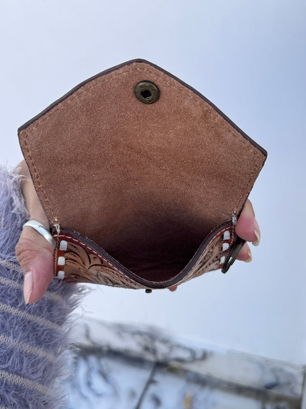Women's Hand Tooled Carving Leather Coin Purse Stylish Clutch
