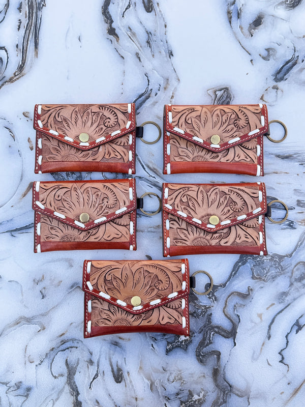 Women's Hand Tooled Carving Leather Coin Purse Stylish Clutch