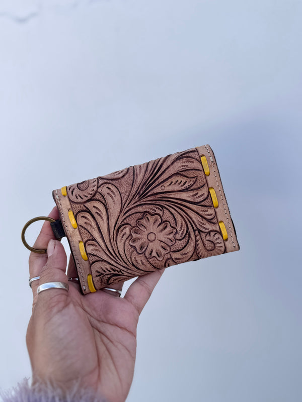 Hand Tooled Carving Small Size Coin Purse Western Leather Purse for Unisex