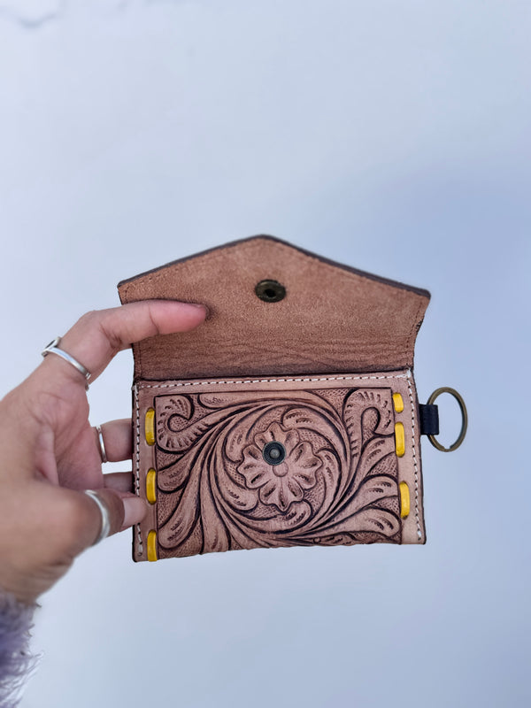Hand Tooled Carving Small Size Coin Purse Western Leather Purse for Unisex