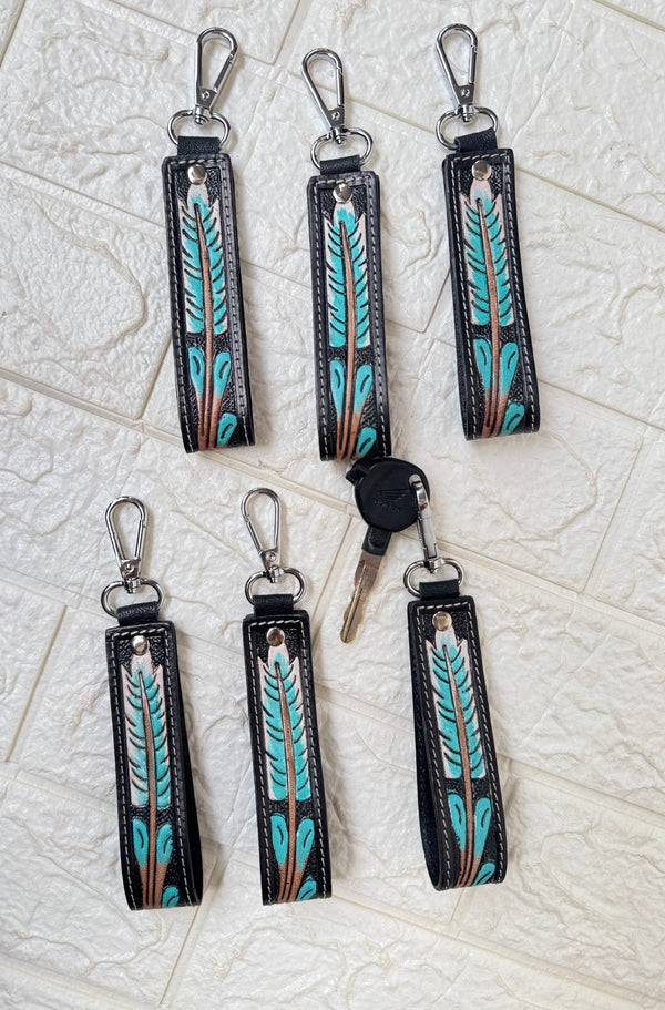 Handmade High Quality Key Chain Hand Tooled Leather Keychain Real Genuine Leather Turquoise Color Keyrings Fashionable Keychains
