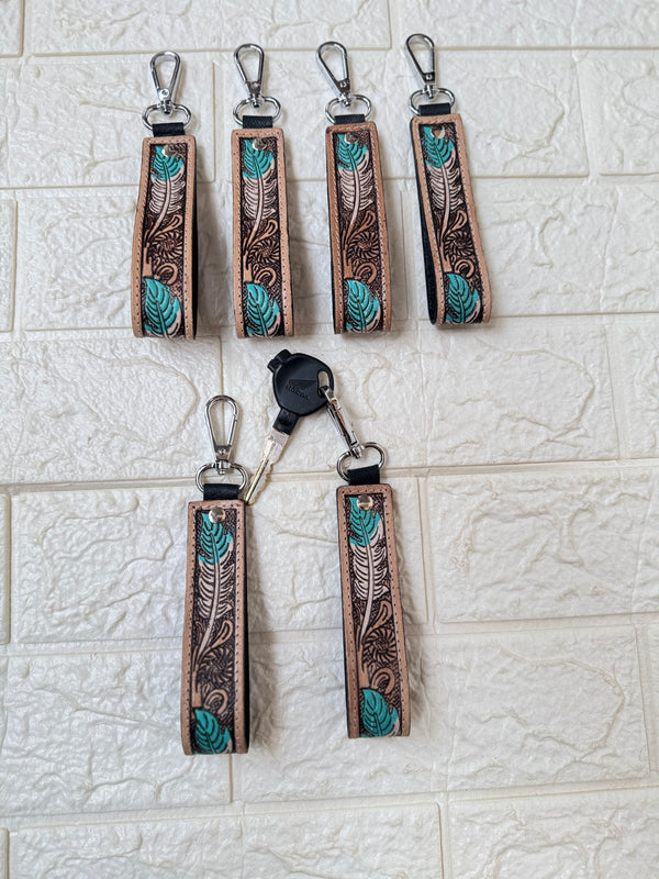 Wholesale New Arrival Key Chain Hand Tooled Leather Keychain Real Genuine Leather Wrist Turquoise Color Fashionable Keyrings