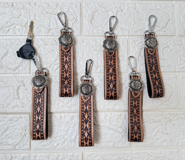 Hot Sale Design Key Chain Hand Tooled Leather Wrist Key Clip Durable Real Genuine Leather Keyrings Fashionable Key Fob