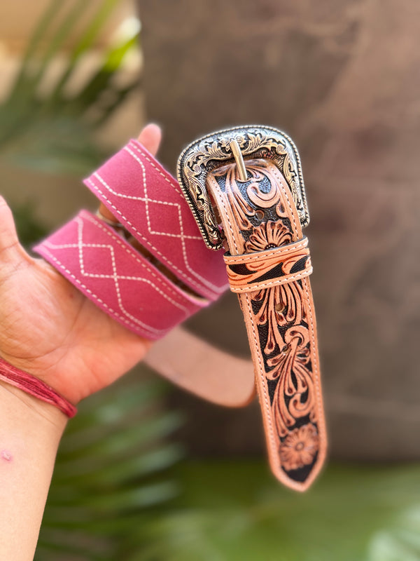 New Premium Quality Handmade Belts Hand Tooled Leather Boot Stich Belts Boho Vintage Pink Colour Trendy Stylish Western Belts