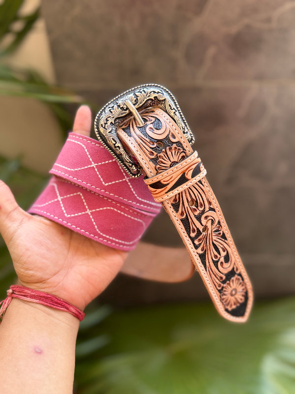 New Premium Quality Handmade Belts Hand Tooled Leather Boot Stich Belts Boho Vintage Pink Colour Trendy Stylish Western Belts