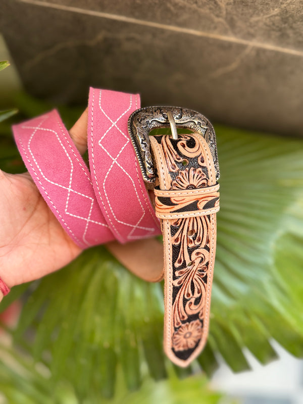 New Premium Quality Handmade Belts Hand Tooled Leather Boot Stich Belts Boho Vintage Pink Colour Trendy Stylish Western Belts