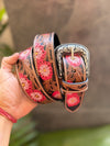 New Designer Handmade Belts Hand Tooled Leather Belts Boho Vintage Pink Colour Flower Print Trendy Stylish Western Leather Belts
