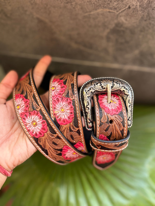 New Designer Handmade Belts Hand Tooled Leather Belts Boho Vintage Pink Colour Flower Print Trendy Stylish Western Leather Belts