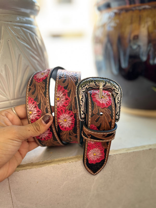 New Designer Handmade Belts Hand Tooled Leather Belts Boho Vintage Pink Colour Flower Print Trendy Stylish Western Leather Belts