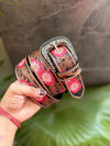 New Designer Handmade Belts Hand Tooled Leather Belts Boho Vintage Pink Colour Flower Print Trendy Stylish Western Leather Belts