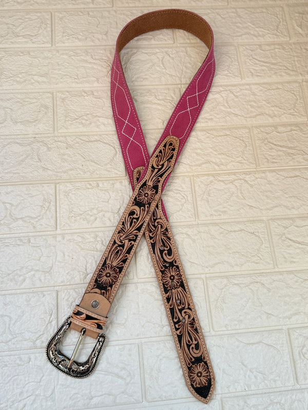 New Premium Quality Handmade Belts Hand Tooled Leather Boot Stich Belts Boho Vintage Pink Colour Trendy Stylish Western Belts