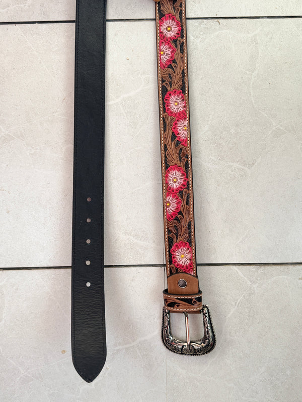 New Designer Handmade Belts Hand Tooled Leather Belts Boho Vintage Pink Colour Flower Print Trendy Stylish Western Leather Belts