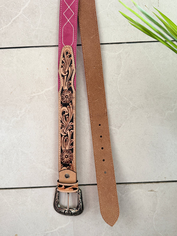 New Premium Quality Handmade Belts Hand Tooled Leather Boot Stich Belts Boho Vintage Pink Colour Trendy Stylish Western Belts