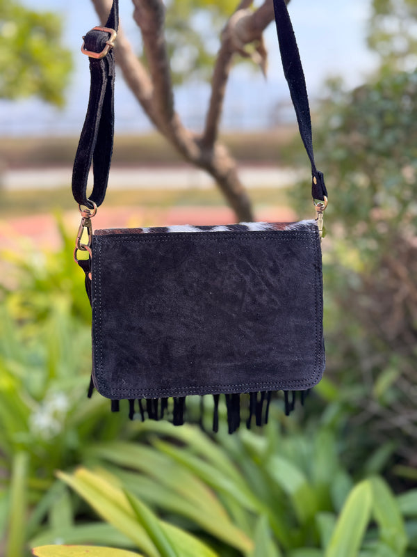 Suede Leather Fringe Handbag Hair on Hide Leather Sling Bag