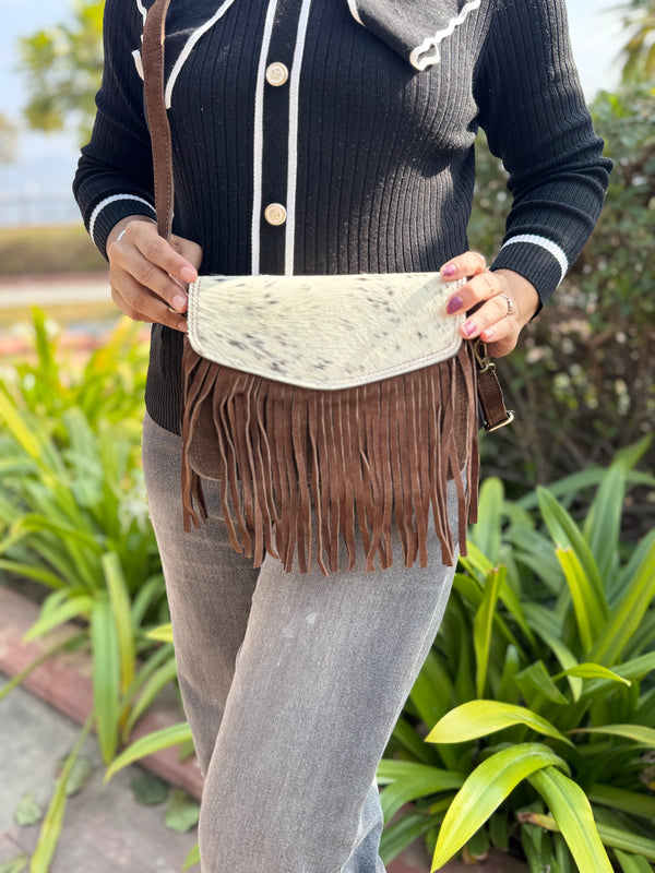 Suede Leather Fringe Handbag Hair on Hide Leather Sling Bag