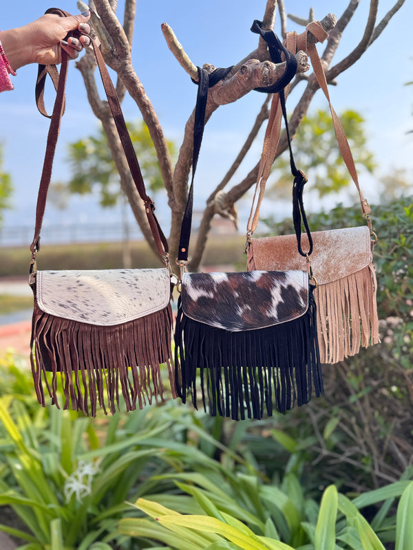 Suede Leather Fringe Handbag Hair on Hide Leather Sling Bag
