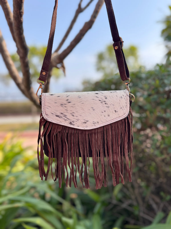 Suede Leather Fringe Handbag Hair on Hide Leather Sling Bag
