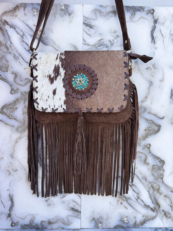 Women's Handbag Suede Leather Fringe Hair on Hide Cross Body Bag
