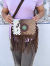 Women's Handbag Suede Leather Fringe Hair on Hide Cross Body Bag