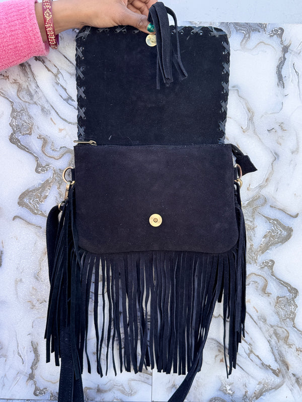 Women's Handbag Suede Leather Fringe Hair on Hide Cross Body Bag