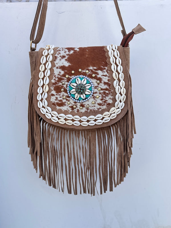 Real Cowhide Fur Leather Fringe Handbags Stylish Leather Sling Bag Bohemian Bags Gypsy Vintage Bag