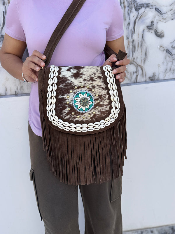 Real Cowhide Fur Leather Fringe Handbags Stylish Leather Sling Bag Bohemian Bags Gypsy Vintage Bag