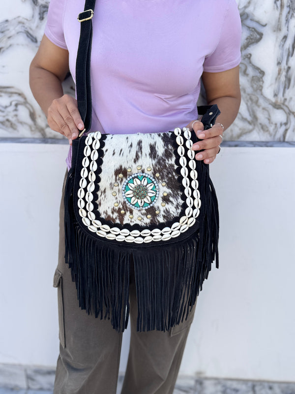 Real Cowhide Fur Leather Fringe Handbags Stylish Leather Sling Bag Bohemian Bags Gypsy Vintage Bag