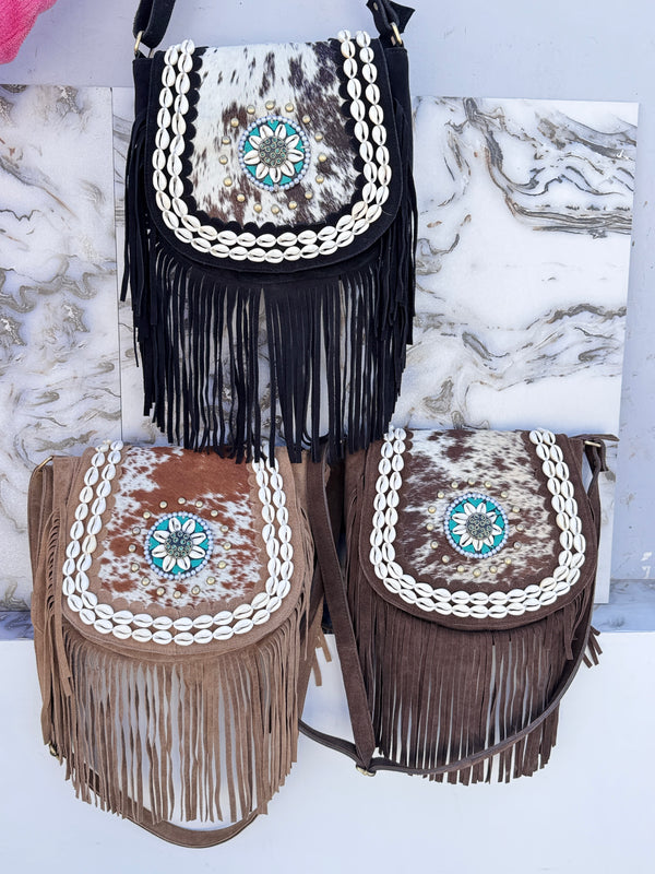 Real Cowhide Fur Leather Fringe Handbags Stylish Leather Sling Bag Bohemian Bags Gypsy Vintage Bag