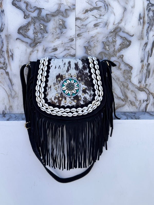 Real Cowhide Fur Leather Fringe Handbags Stylish Leather Sling Bag Bohemian Bags Gypsy Vintage Bag