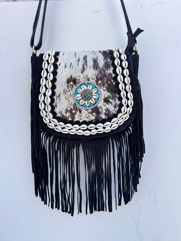 Real Cowhide Fur Leather Fringe Handbags Stylish Leather Sling Bag Bohemian Bags Gypsy Vintage Bag