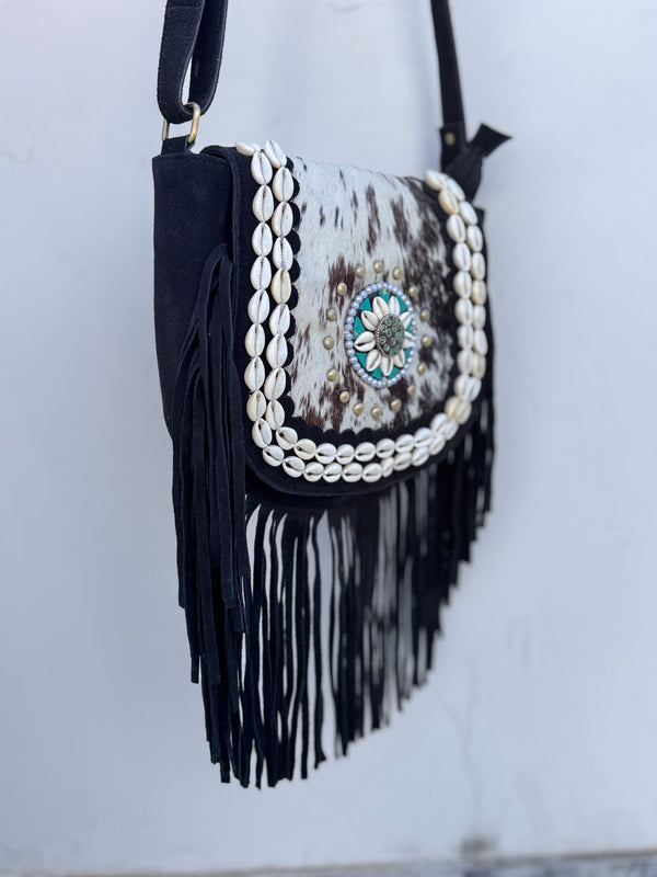 Real Cowhide Fur Leather Fringe Handbags Stylish Leather Sling Bag Bohemian Bags Gypsy Vintage Bag