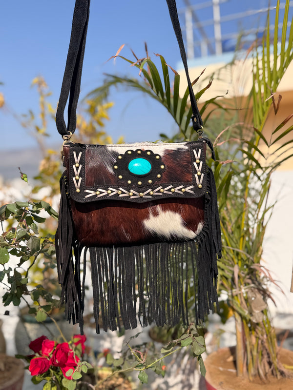 Cowhide Leather Fringe Handbag Turquoise Stone Sling Bag Bohemian Tassel Fringe Bag