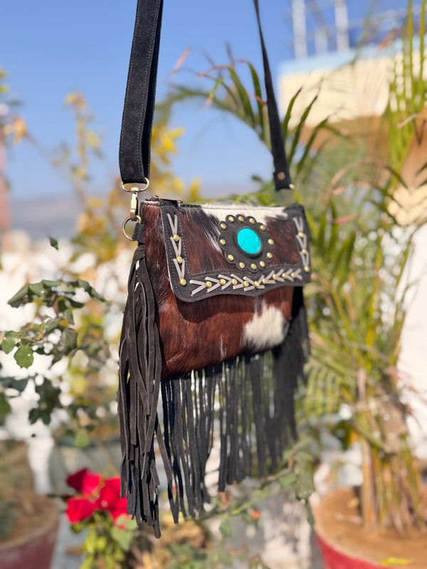 Cowhide Leather Fringe Handbag Turquoise Stone Sling Bag Bohemian Tassel Fringe Bag