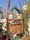 Cowhide Leather Fringe Handbag Turquoise Stone Sling Bag Bohemian Tassel Fringe Bag