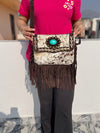 Cowhide Leather Fringe Handbag Turquoise Stone Sling Bag Bohemian Tassel Fringe Bag