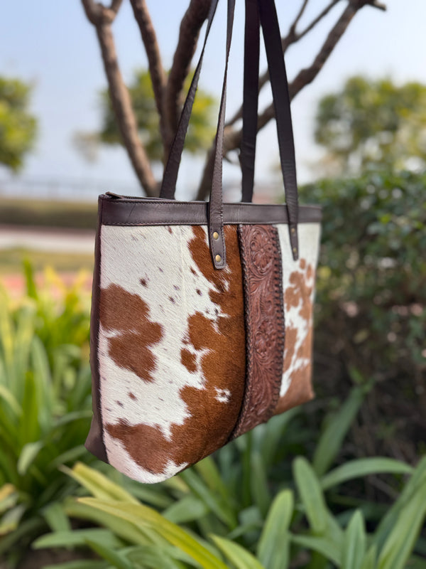 Hand Tooled Carving Handbag Tote Bag Real Cowhide Fur Leather Bag
