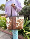 Hand Tooled Carving Handbag Tote Bag Real Cowhide Fur Leather Bag