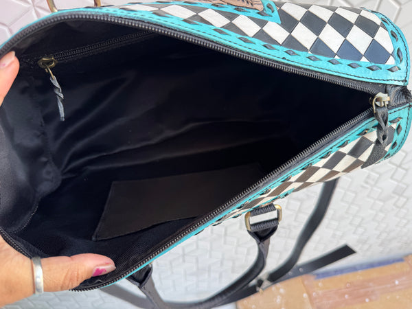 Hand Tooled Leather Luggage Bags Checkers Pattern Handmade Bag Unisex Travel Bag Big Size Handbag