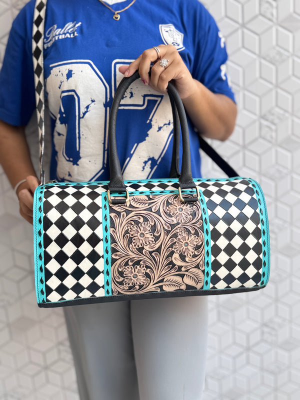 Hand Tooled Leather Luggage Bags Checkers Pattern Handmade Bag Unisex Travel Bag Big Size Handbag