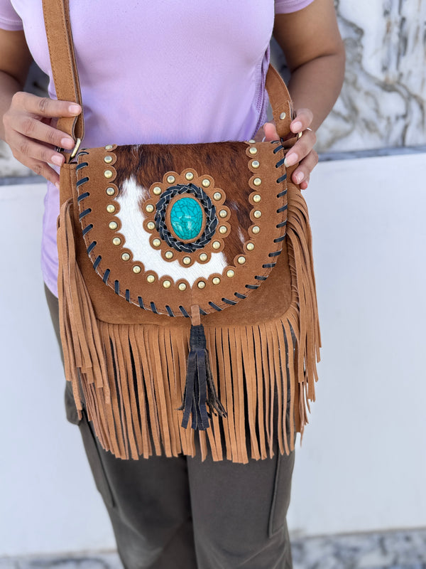 Cowhide Fur Leather Handbag Sling Bag Bohemian Fringe Bags Stylish Purse