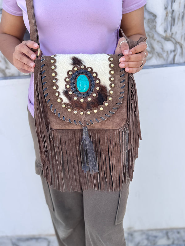 Cowhide Fur Leather Handbag Sling Bag Bohemian Fringe Bags Stylish Purse