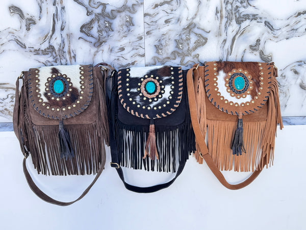 Cowhide Fur Leather Handbag Sling Bag Bohemian Fringe Bags Stylish Purse