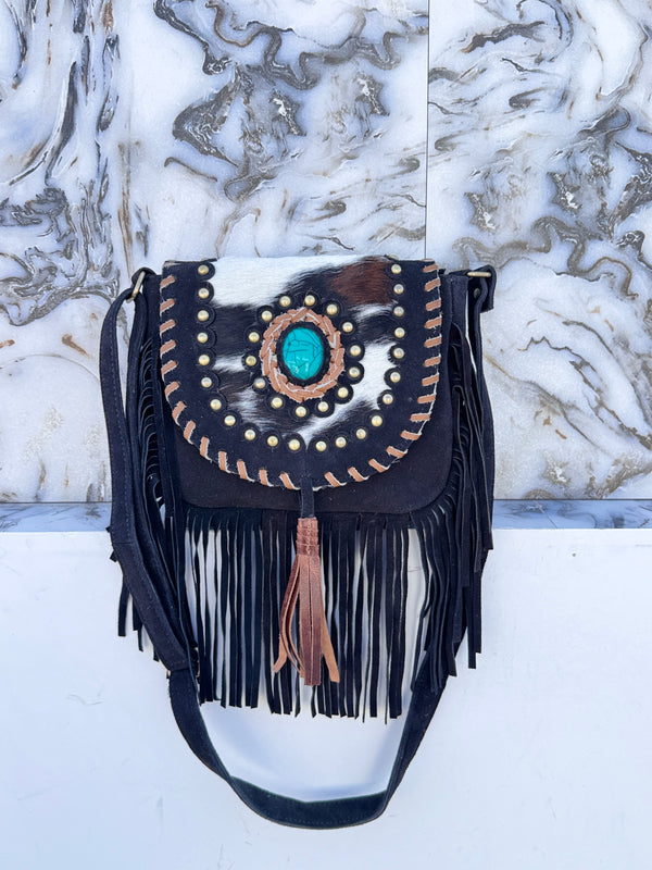 Cowhide Fur Leather Handbag Sling Bag Bohemian Fringe Bags Stylish Purse