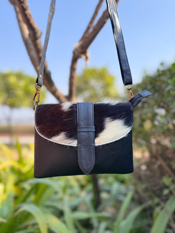 Genuine Leather Sling Bag Gypsy Boho Cowhide Fur Leather Vintage Handmade Western Style Bags