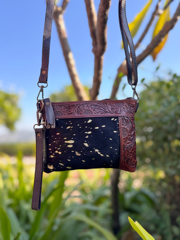Cowhide Metallic Leather Handbag Carving Hand Tooled Leather Handmade Tassel Boho Sling Bag