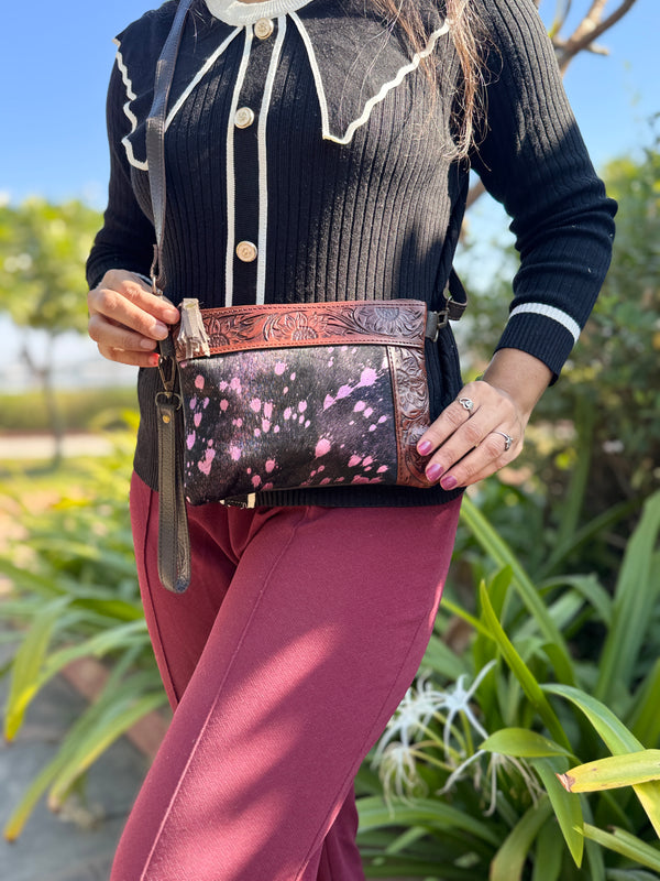 Cowhide Metallic Leather Handbag Carving Hand Tooled Leather Handmade Tassel Boho Sling Bag