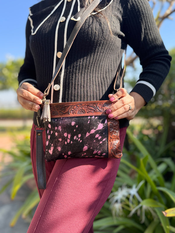 Cowhide Metallic Leather Handbag Carving Hand Tooled Leather Handmade Tassel Boho Sling Bag