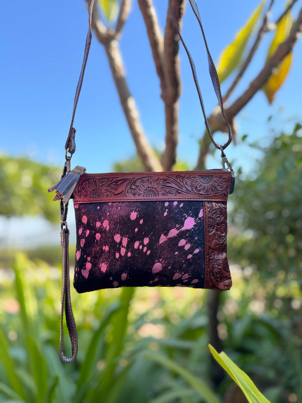 Cowhide Metallic Leather Handbag Carving Hand Tooled Leather Handmade Tassel Boho Sling Bag